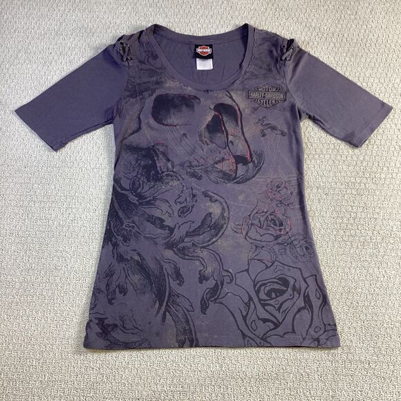 Harley Davidson Skull Rose Graphic Top Lace Up Shoulder Womens Large - Picture 1 of 5